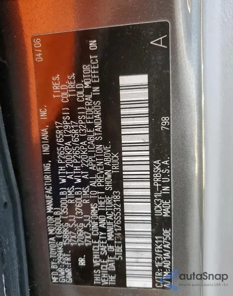 2006 Toyota Tundra Double Cab Sr5 из США, поврежденный, VIN 5TBET34176S532183